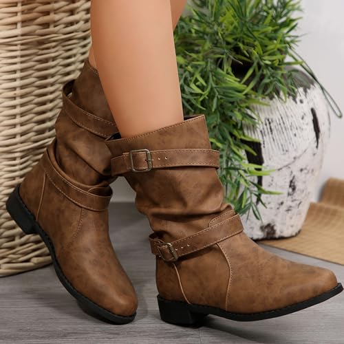 Boots for Women Wide Calf Women's Slouchy Short Low Heel Pull On Booties Fashion Belt Ruched Round Toe Chunky Heels Mid Calf Boots Comfortable Casual Classic Womens Booties Wide Width2