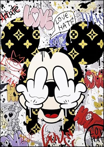 Disney Tableau mural ou de table, série Pop Art Street Art Mickey Mouse Love Hate, impression artistique sur bois, 30 x 21 cm