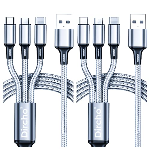 [2 Pack] Multi 4 Ft Universal USB Charging Cable 3 in 1 Ports Type-C Micro-USB Connectors Nylon Braided Cord Dircho Compatible with Cell Phones Tablets Devices (Silver)