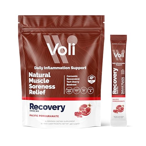 Voli Muscle Recovery Post Workout Drink Mix Packets | + Superfoods Curcumin, Tart Cherry, Ginger & Glutathione | Leg Cramp & Inflammation Support | No Added Sugar, 15 Count, Pacific Pomegranate