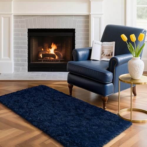 HOMORE Runner Rug 2x4 Navy Blue Rug for Bedroom, Fluffy Runner Rugs for Hallway Bedside, Long Rugs for Living Room Kids Room, Soft Carpet for Dorm Indroor Entrance