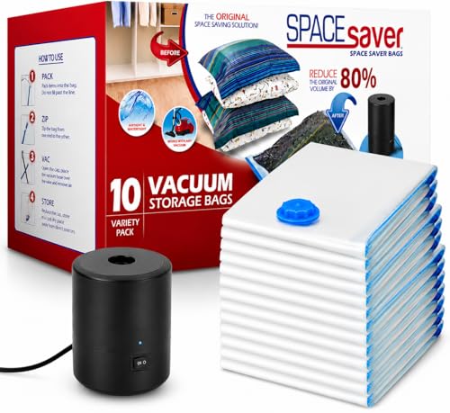 Image of 10-Pack Variety Vacuum Storage Bags for Comforters, Blankets & Clothes - Vacuum Sealed Compression Bags with Electric Pump - Space Saver Bags for Bedding,Travel & Organization (2S, 2M, 3L & 3XL) | Powerful electric pump removes air quickly for fast packing, moving, travel, and seasonal storage