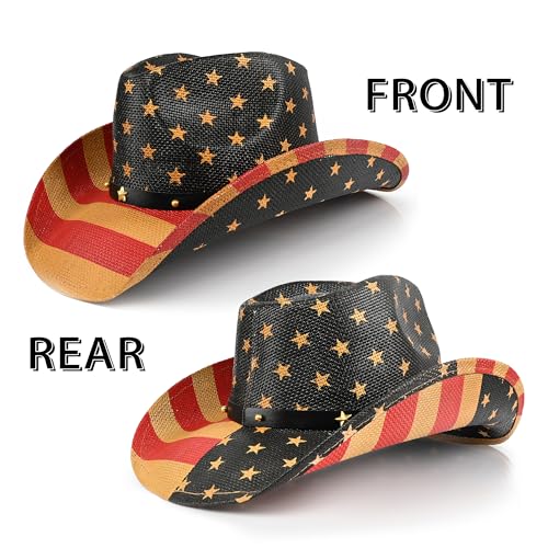 Image of Western Straw Cowboy Hats for Men & Women, Wide Shapeable Brim Cowgirl Sun Hat