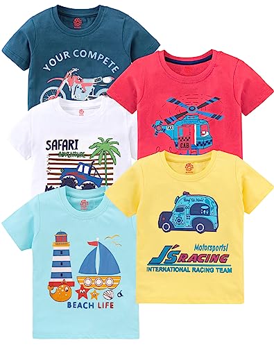 BENAVJI Boys Round Neck Printed Blended Cotton Tshirt Combo Pack of 5