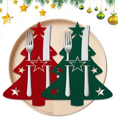 Fesnova Weihnachtsbaum Filz Bestecktasche Weihnachten Dekorationen,Weihnachten Tischdeko mit Rot und Grün,Weihnachtsbaumform,Festliche Baumanhänger...
