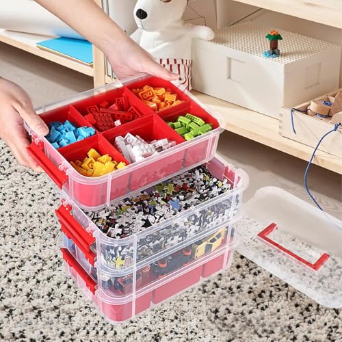 Image of plastic boxes for Storage transparent boxes for storage, Portable & Stackable Space Saving Organiser with Lid for Medicine, Jewelry, Arts & Crafts, Buttons, Beads (Red, 4 TIER WITH 2 TRAY)