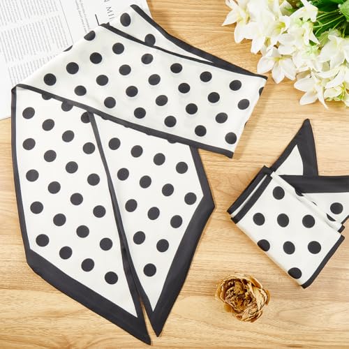 2Pcs Black and White Polka Dot Neck Scarf Womens Fashion Satin Silk Neckerchief Purse Bag Scarfs Silky Headscarf Band Hair Head Long Thin Scarves for Women Gifts Handbags Costume Accessories3