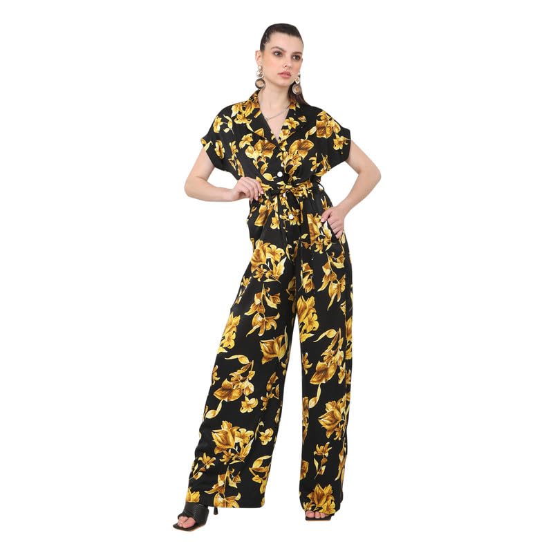 Jumpsuit For Women, Stylish Jumpsuit in Black And Gold Floral Print,Trendy V Neck Style, Summer Short Sleeves,Girls Summer Clothing.-image-11