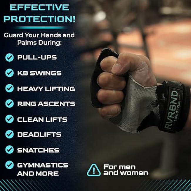 RVRBND Lifestyle 3 Hole Rubber Carbon Hand Grips for Crossfit, Gymnastics, Lifting, Pull Up with Velcro Wrist Strap & Foam Pad, Smooth Hand Protection