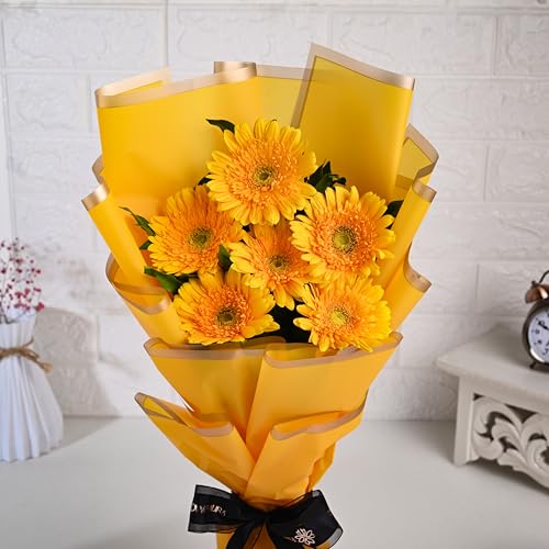 Image of FlowerAura Premium Fresh Live Flower Bouquet of 6 Yellow Gerberas In Designer Paper Gift For Birthday | Anniversary | Love | Home Decor | Fathers Day Gift For Dad (Same Day Delivery)