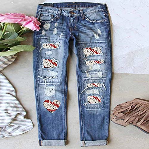 Womens Baseball Print Distressed Straight Jeans Plus Size Ripped Jeans for Women Patch Boyfriend Distressed Denim2