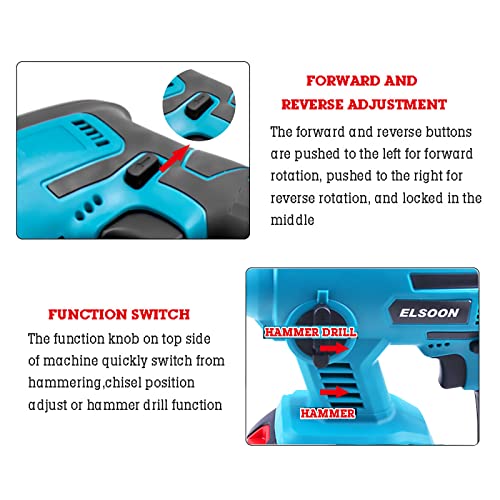 Cordless Rotary Hammer Drill，Elsoon 21V Power Rotary Hammers With Sds-Plus Chuck, 4.0Ah Battery, Electric Hammer Drill For Wall, Concrete #TOP2