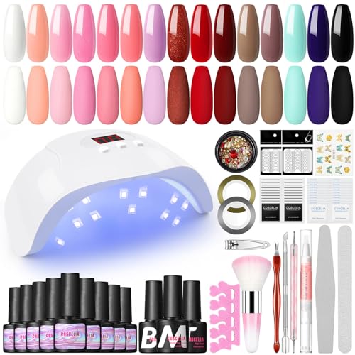 COSCELIA kit verni semi permanent 15 couleurs et lampe LED 36W sèche-ongles UV(avec Top Coat Base Coat Mat), Rose Blanc Transparent UV Gels, kit complet pour débutants