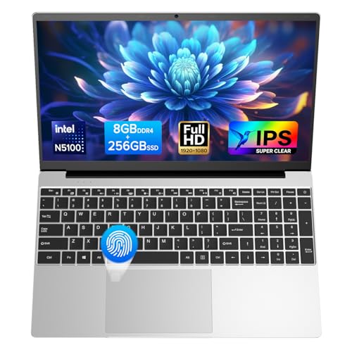 Image of 2026 Laptop Computer Notebook,15.6 inch IPS FHD Display,8GB RAM 256GB SSD,Celeron N5100 Processor,WiFi5,BT5.0,USB3.0,Backlit keyboard,Fingerprint for Business Home Office and Students,Silver