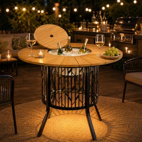 ONBRILL Round Patio Coffee Table with 3.3 Gallon Ice Bucket 31.5 Inch Solar-Light Cooler Side Table HDPS Outdoor Dining Table with Metal Base for Outside Porch Garden Backyard Black & Oak