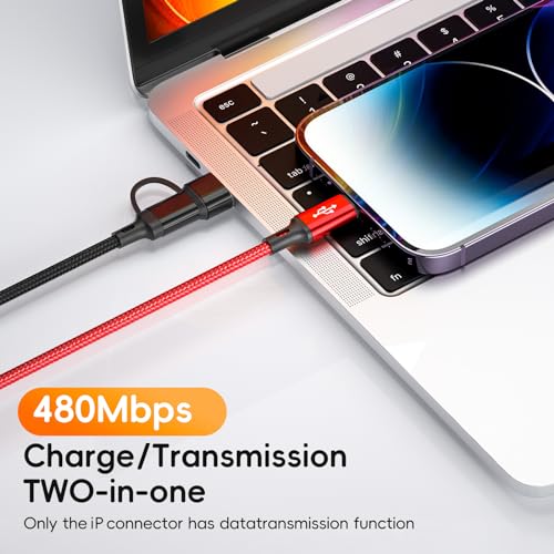 4 in 2 Multi Fast Charging Cable 2Pack 1.8M/6FT 6 in 1 Quick Charge Cord USB A/USB C to Type C+Micro USB+2 IP Connectors Universal Nylon Braided Charger Cable for Multiple Devices