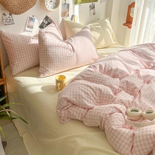 Lanqinglv Bettwäsche 135x200 cm Rosa Weiß Kariert Allergiker Bettwäsche...