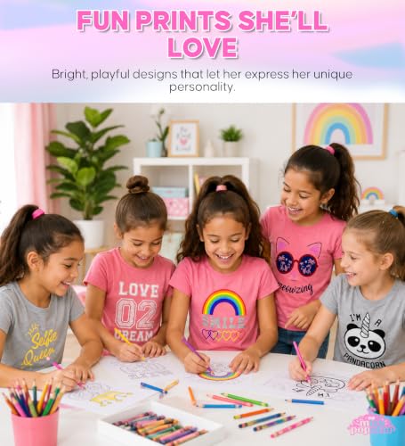 Image of MISS POPULAR Girls 5-Pack Printed T-Shirts, Pink Grey Short Sleeve, Crew Neck. Unicorn, Panda, Selfie, Rainbow. Size 4-16