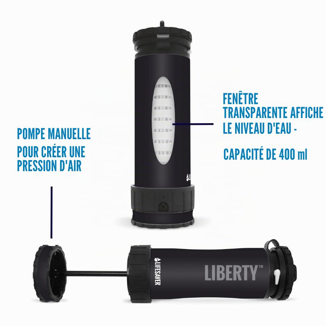 LifeSaver Liberty | Bouteille filtrante à eau – Petite bouteille d'eau de 400 ml et purificateur d'eau pour voyage et randonnée, design léger, élimine 99,99 % des virus, bactéries et kystes, purifie 2