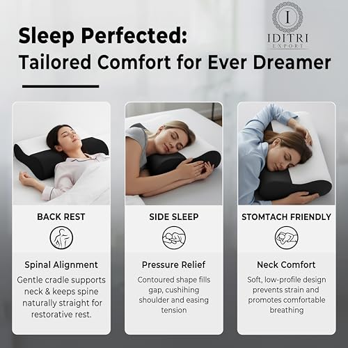 Image of Contour Neck Support Pillow, Memory Foam Cervical, 220 GSM Jacquard, 48 x 30 cm, Black & White, Ergonomic Orthopedic Sleeping Bedding, Breathable Foam Cushion for Back and Side Sleepers