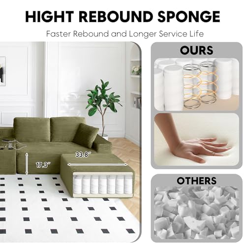 Image of 125 Inch Modular Sectional Sofa, Modern Oversized Corduroy Cloud Couch with 2 Ottomans, Cup Holders and USB Ports, U Shape Couch Boneless Couches for Living Room, No Assembly Required, Green