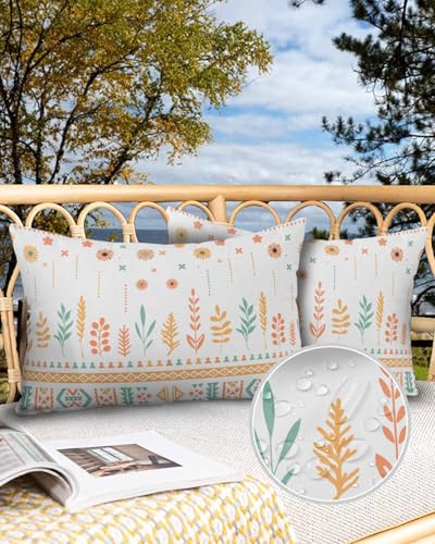 Outdoor Waterproof Throw Pillows Abstract Floral Leaf Plant Patio Pillows Pack of 2,Decorative Pillow Covers with Insert,Pillow Cushion Case for Garden Couch Sofa Ethnic Aztec Yellow Green