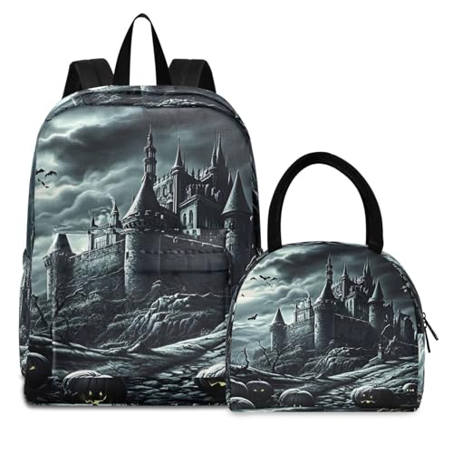 Backpack Lunch Box Set Large Capacity Travel Backpacks and Insulated Lunch Bag for Commute Hiking Picnic Castle Halloween Print