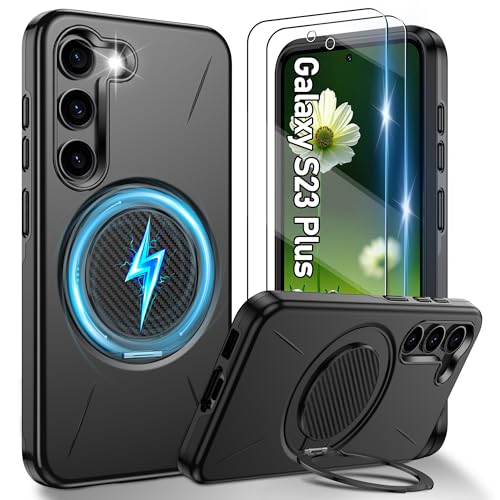 Gritup für Samsung Galaxy S23 Plus Hülle für Magsafe mit 2 Stück HD-Bildschirmschutz eingebauter Kickstand Dual Layer Stoßdicht Kamera Guard Schutz in Militärqualität for S23 + Plus Case-Schwarz
