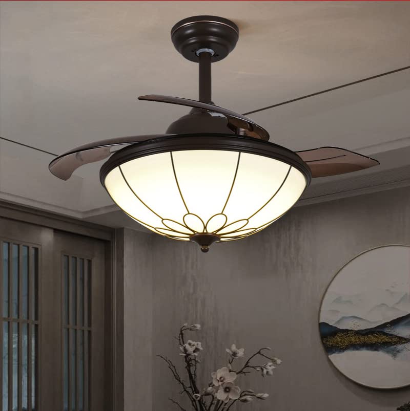 YOYWE 42 inch Tiffany Style Ceiling Fan with Light Retractable Amber