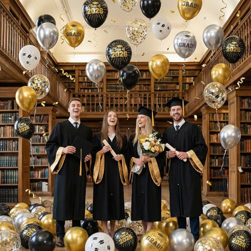 Image of Black and Gold Graduation Balloons, 60PCS Congrats GRAD Cap Printed Balloon, 12 Inch Metallic Silver Gold Confetti Latex Party Balloons Helium for Class of 2026 Graduation Ceremony Party Decorations