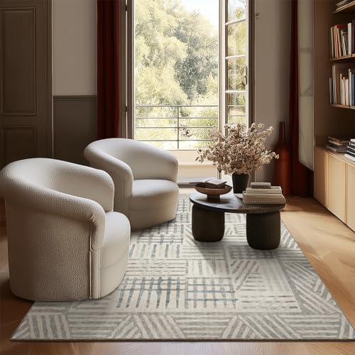 Image of Area Rug 4x6 Abstract Geometric Textured Brushstroke - Neutral Gray & Light Blue Modern Minimalist Area Rug, Decorative Carpet for Living Room Bedroom Home Decor