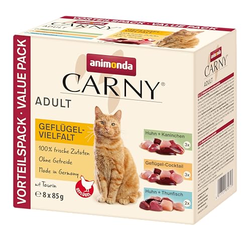 animonda Carny Katzenfutter nass Geflügel-Mix , 8 Portionsbeutel (8 x 85g), getreidefreies Katzennassfutter ohne Zucker für ausgewachsene Katzen mit...