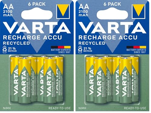 VARTA Piles AA, Rechargeables, Lot de 12, Recharge Accu Recycled, 2100 mAh Ni-Mh, fabriquées avec 21% de matériaux recyclés, préchargées, prêtes à...
