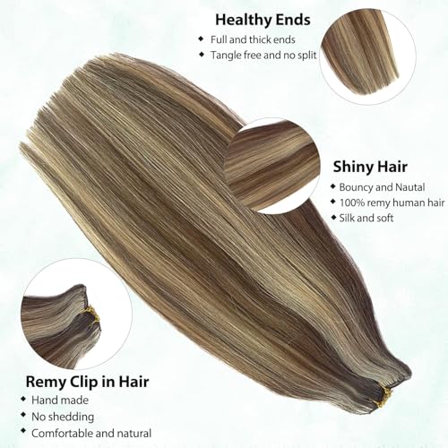 Image of Seamless Clip in Human Hair Extensions 20 Inch Remy Hair Extensions Ombre Brown to Blonde Clip on Extensions Silky Straight 70g 70pcs