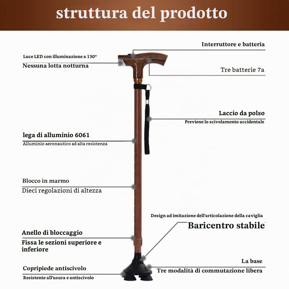 Bastone da passeggio, retrattile, multifunzione, con luce, per anziani, antiscivolo, quadripode, leggero, batterie non incluse b