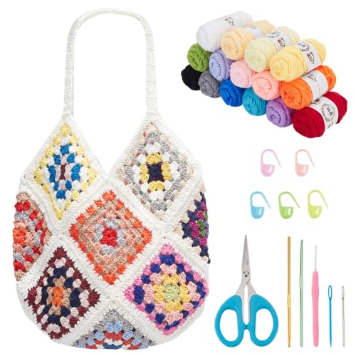 FREEBLOSS Kit de crochê para iniciantes, bolsa de crochê quadrada DIY Granny, kit para iniciantes com tutoriais em vídeo, conjunto de sacolas de crochê, kit de tricô incluindo fio, gancho de crochê