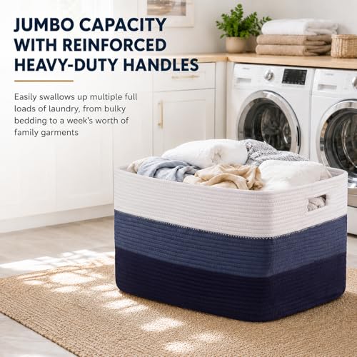 Image of OIAHOMY Large Blanket Basket, 22 inchx17 inchx12 inch Rectangle Woven Baskets, Nursery Blanket Storage Living Room, Toy Storage With Handle, Large Baskets for Organizing-Gradient Blue
