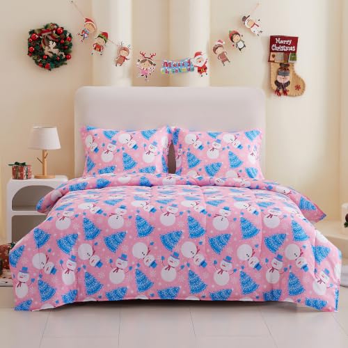 Image of Yibeizi Pink Christmas Comforter Set Twin Kids Cute Snowman Xmas Bedding