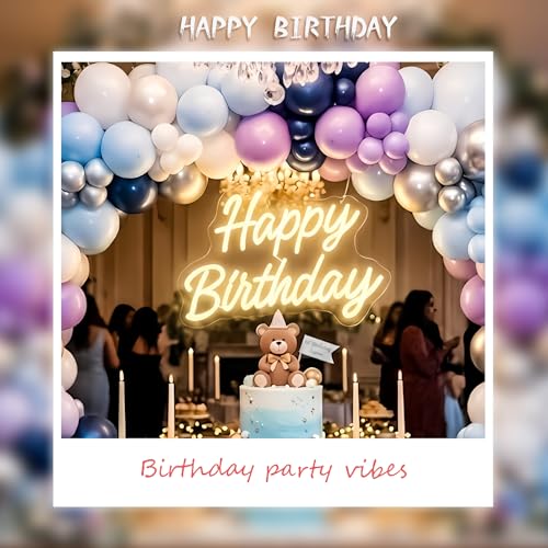Image of Happy Birthday Neon Sign for Wall Decor - LED Happy Birthday Light Up Sign with Party Flags, USB Powered Dimmable Neon Word Light for Party Backdrop Cake Table, Warm White