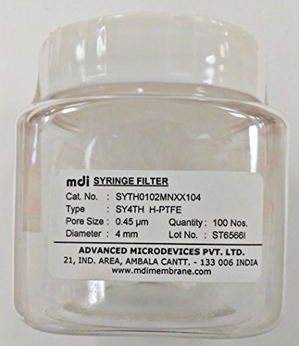 Image of MDI SYTH0102MNXX104 Hydrophilic PTFE Membrane Syringe Filter, 4mm Diameter, 0.45m Pore Size, Female Luer Lock Inlet x Male Luer Slip Outlet, Non-Sterile, Pack of 100