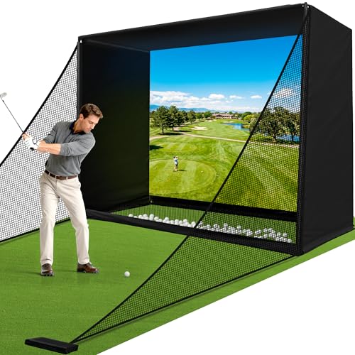 Golf Simulator Enclosure Net 10x8FT Golf Practice Simulator with HD Impact Screen Kit & Sturdy EPE Foam-Filled Frame Golfs Cage Net with Safety Side Nets for Home Indoor Setup