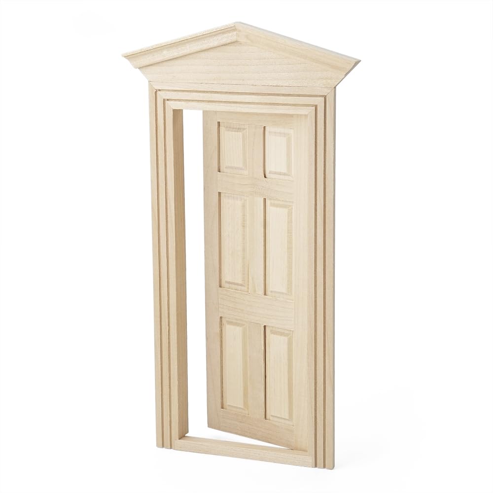 Odoria Dollhouse Front Door Miniature: 1/12 Scale Panel Doors for Elf Fairy Garden Outdoor - Tiny Furniture Building Construction Model - Mini Entry Gate Unfinished Wood, Pointed Top, Inswing