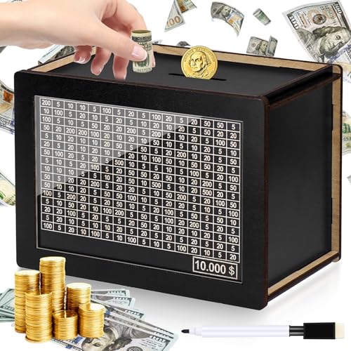 Kkluno 10000 Cash Vault Wooden Savings Box, Plus Size 10000 Savings Challenge Box Wooden Coin Digital Piggy Bank Cash Savings Box with Money Target and Numbers - Black