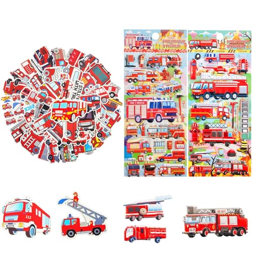 Autocollant voiture enfant,Autocollant Muraux Voiture,Stickers Muraux Camion de Pompiers,50 autocollants camion de pompier + 2 autocollants en mousse,Pour...