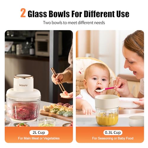 Image of Kawu Electric Food Processor, Electric Meat Grinder & Vegetable Chopper with 2 Bowls, 200W Mini Food Processors with Stainless Steel Blades, Garlic Grinders for Onion, Fruit for Home and Kitchen