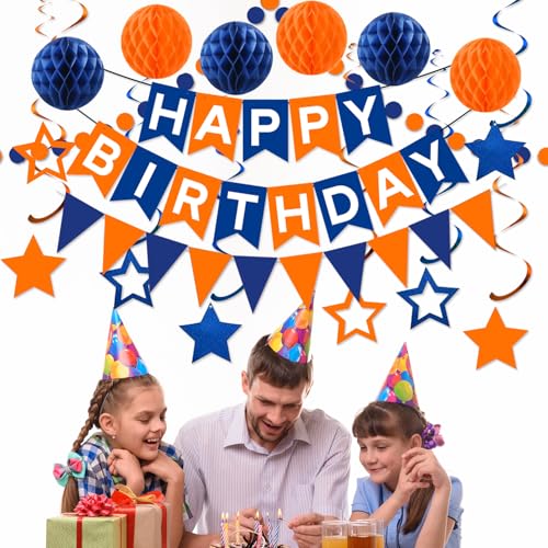 Image of Blue & Orange Birthday Party Decorations - Happy Birthday Banner, Honeycomb Balls, Swirls, Circle Dot Garland, Triangle Flags Bunting