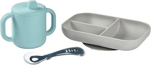 BEABA Sips and Bites - Juego de 3 platos de silicona con succión de silicona, platos para bebés, juego de alimentación para bebés, incluye cuchara
