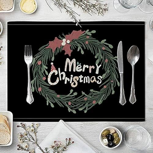 Sets de table de Noël couronne vert noir pour repas de fête chic en coton lin