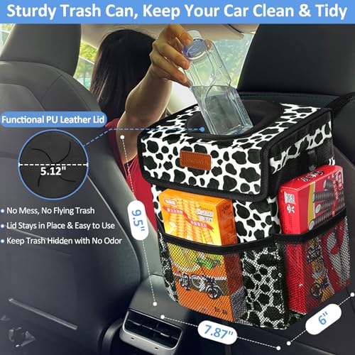 Image of ELONGRIVER Car Trash Can Bin for Back Seat Leak Proof, Cute Car Trash Bag Hanging, Vehicle Trash Can for SUV Truck Van, Automotive Garbage Cans Front Seat Cow Print, 2 Gallons