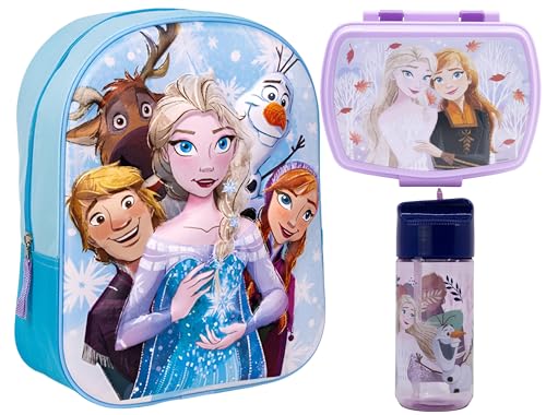 MARUKATSU Frozen Set Mochila Infantil, Sandwichera infantil y Botella escolar - Pack Diseño Colorido | Mochila Escolar 31x25x11cm Niño Niña de 3 a 8 Años | Material Escolar Vuelta al Cole